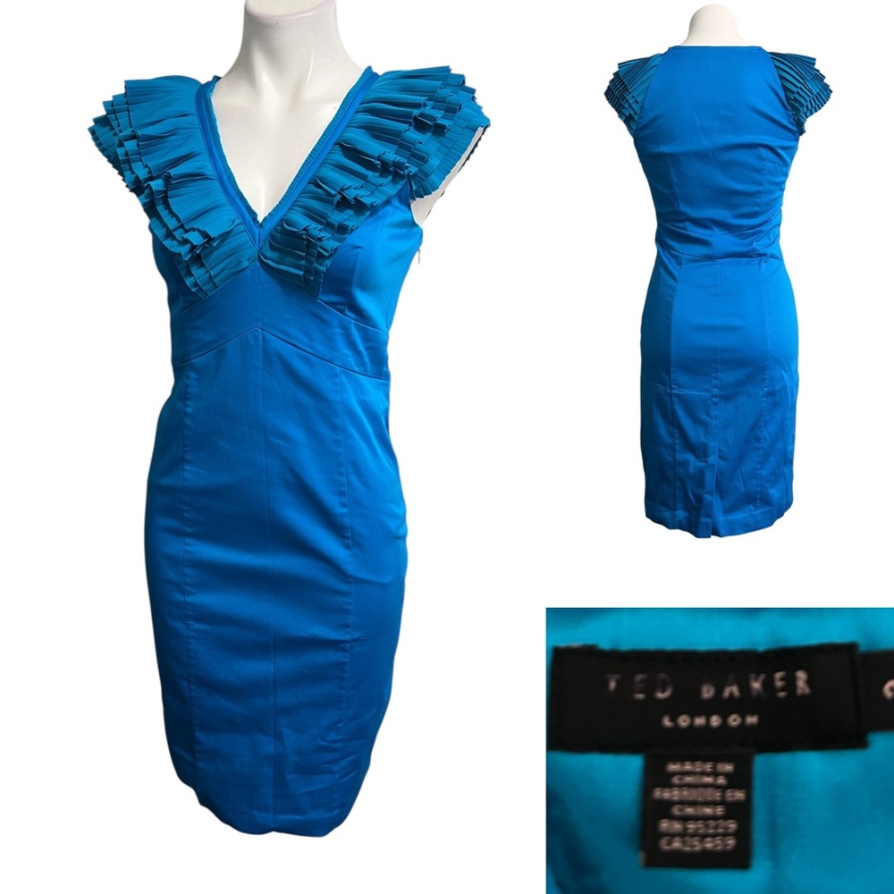 Ted Baker Cuful Sheath Pleated Neck Dress‎ US 6 Vibrant Blue Ruffle Mini